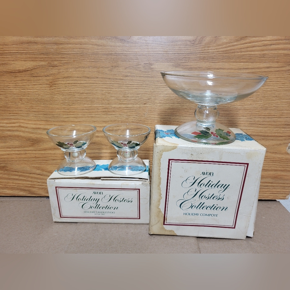 Vintage Avon Holiday Hostess Collection Compote Dish & Candle Stick Holders